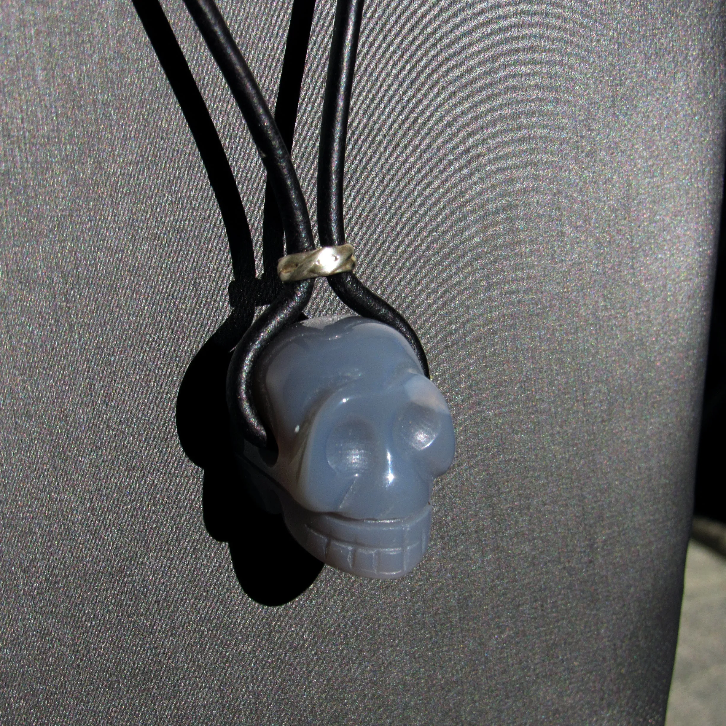 Genuine Gemstone Skull with Sterling Silver on genuine Leather Necklace