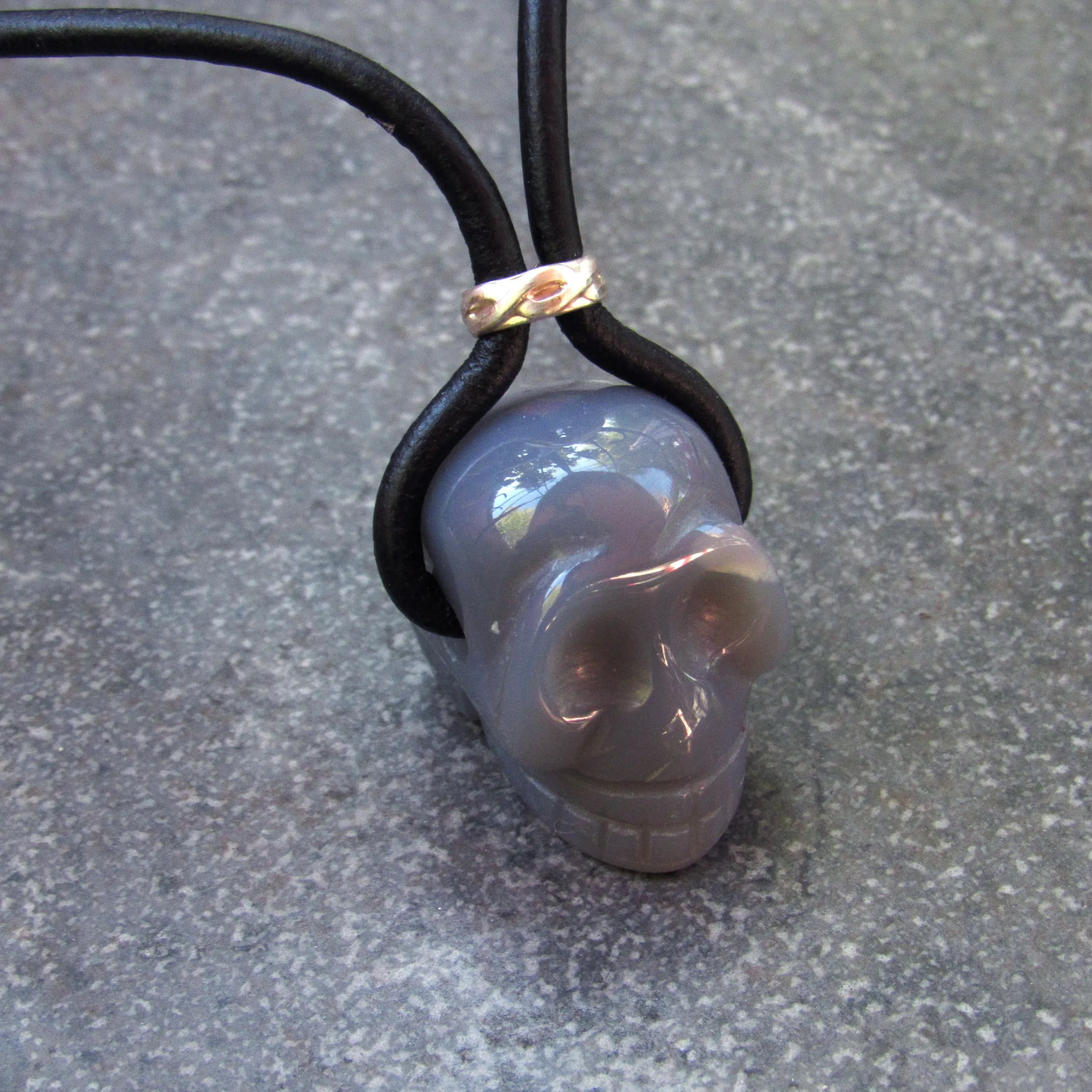 Genuine Gemstone Skull with Sterling Silver on genuine Leather Necklace