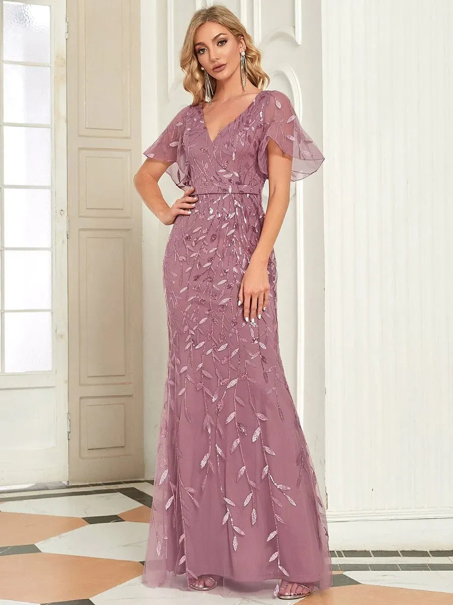 Gorgeous V Neck Leaf-Sequined Fishtail Party Formal Dress