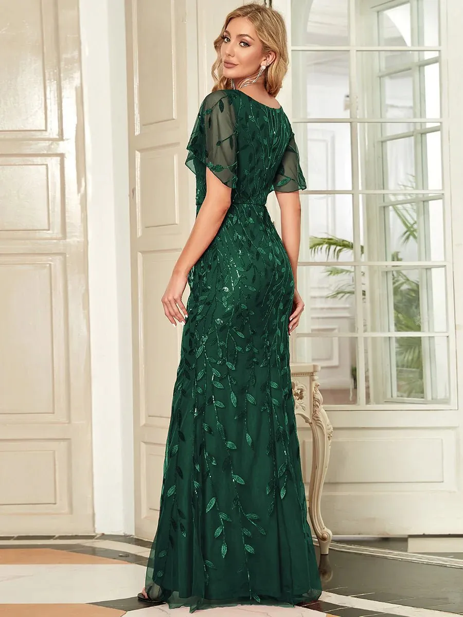 Gorgeous V Neck Leaf-Sequined Fishtail Party Formal Dress