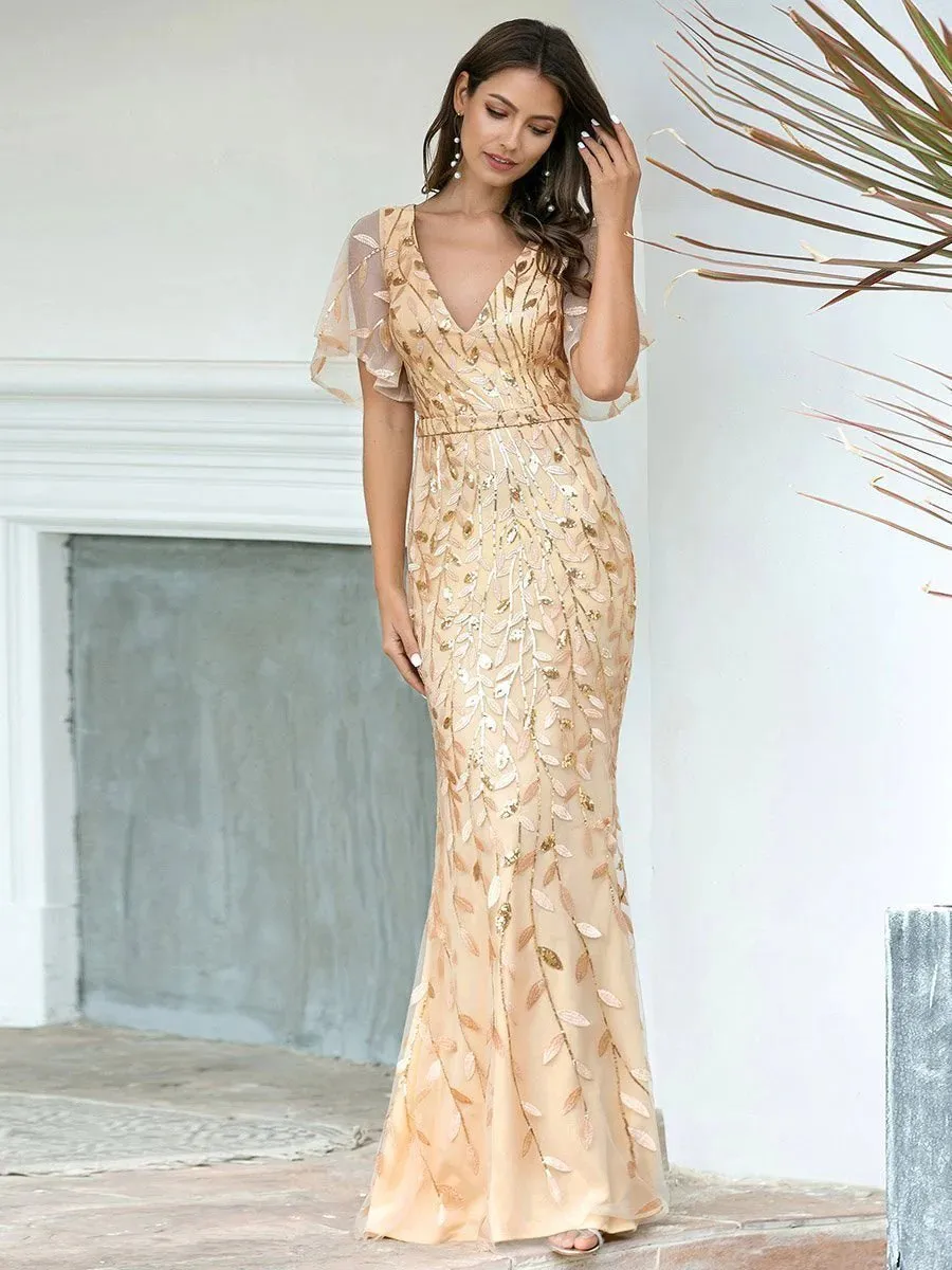 Gorgeous V Neck Leaf-Sequined Fishtail Party Formal Dress