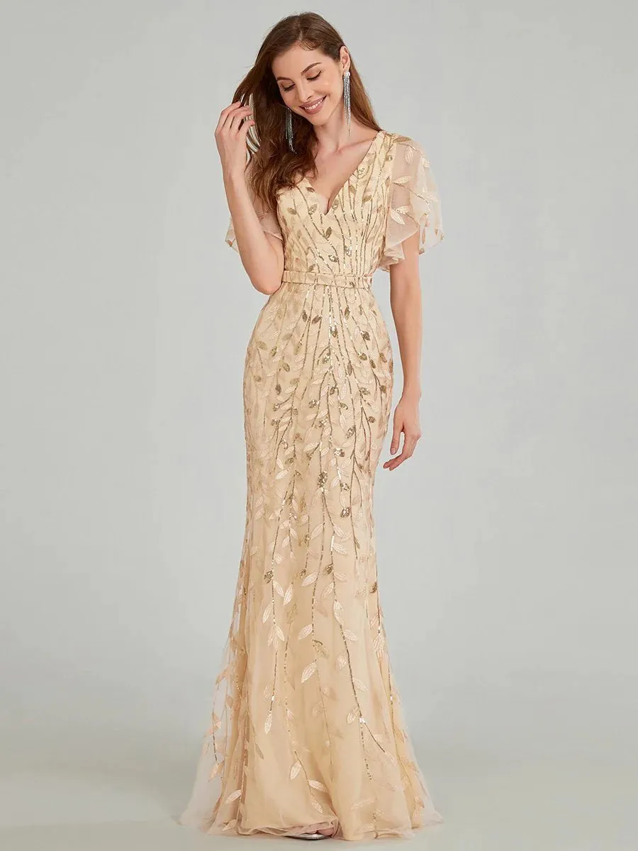 Gorgeous V Neck Leaf-Sequined Fishtail Party Formal Dress