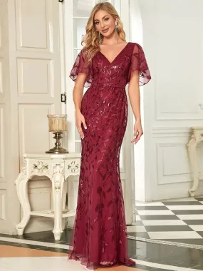 Gorgeous V Neck Leaf-Sequined Fishtail Party Formal Dress