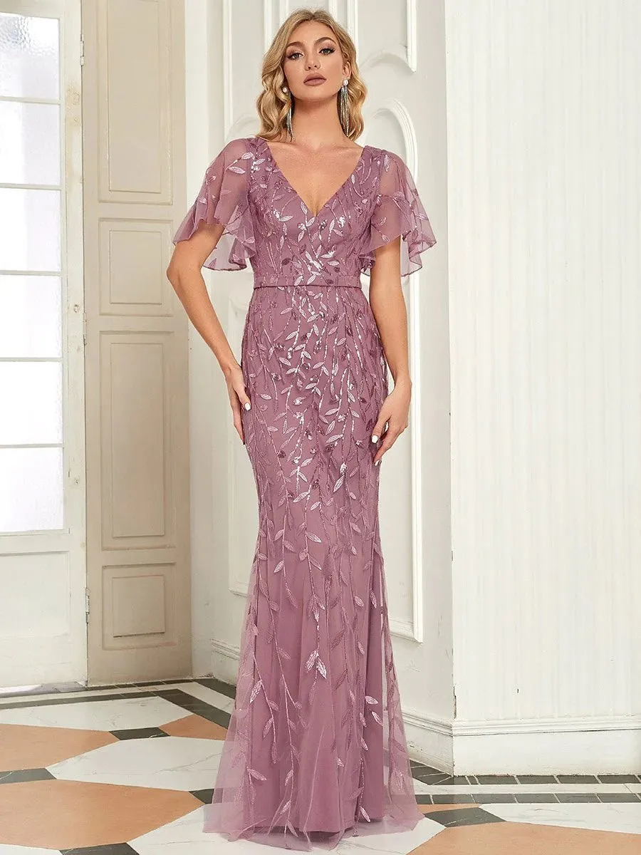 Gorgeous V Neck Leaf-Sequined Fishtail Party Formal Dress