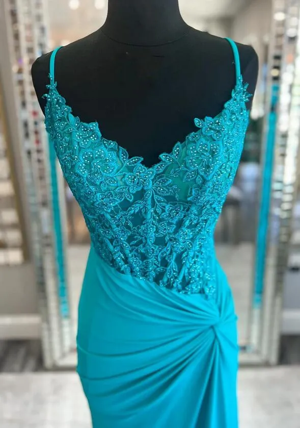 Jade Appliques Straps Twist Knot Mermaid Long Prom Dress PC1335