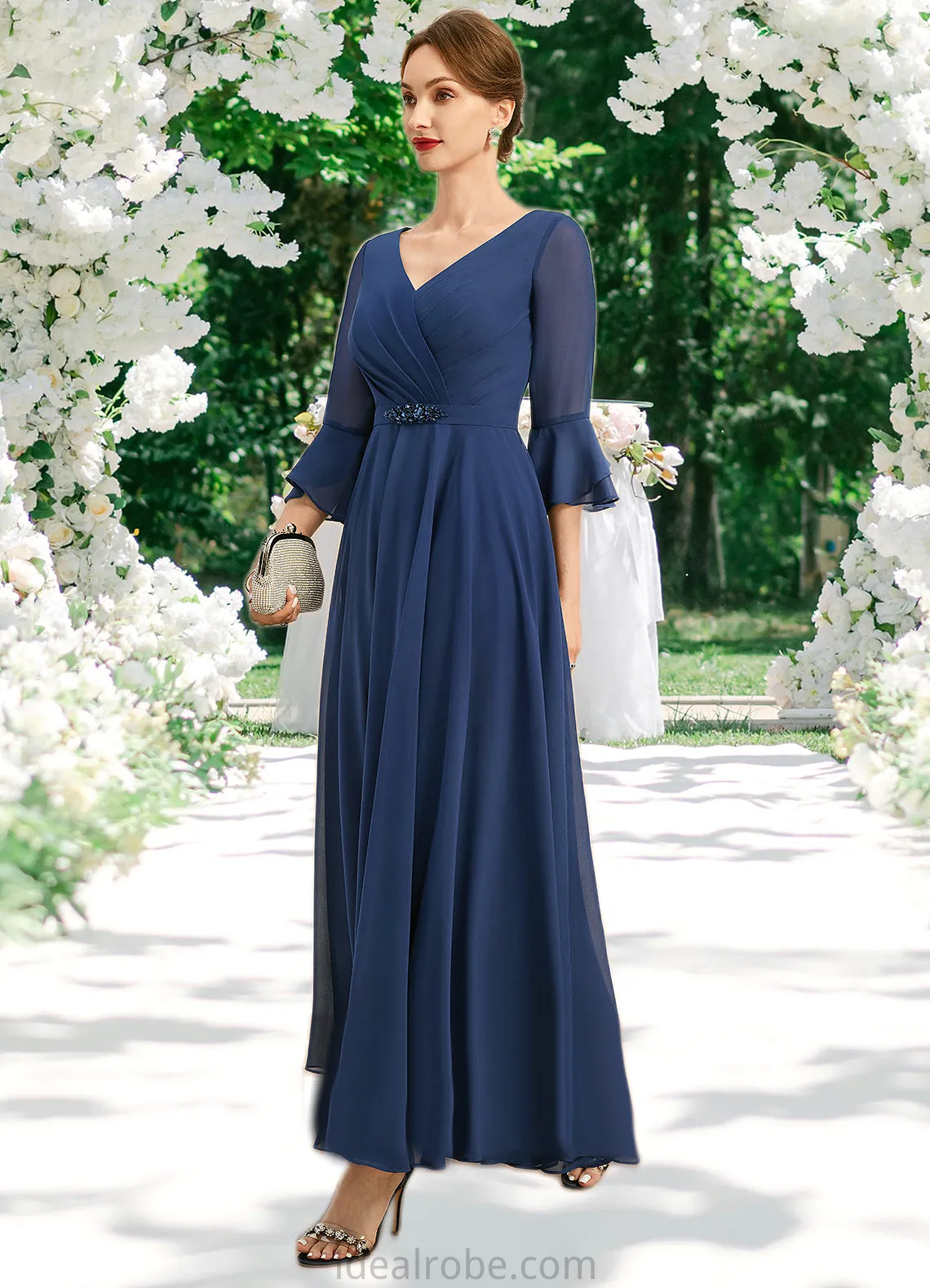 Kimberly A-line V-Neck Ankle-Length Chiffon Mother of the Bride Dress With Beading Pleated Sequins STKP0021745