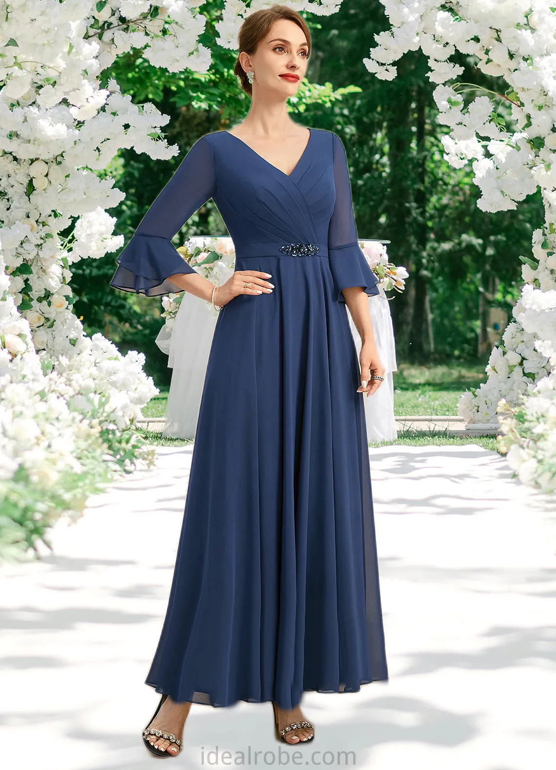 Kimberly A-line V-Neck Ankle-Length Chiffon Mother of the Bride Dress With Beading Pleated Sequins STKP0021745