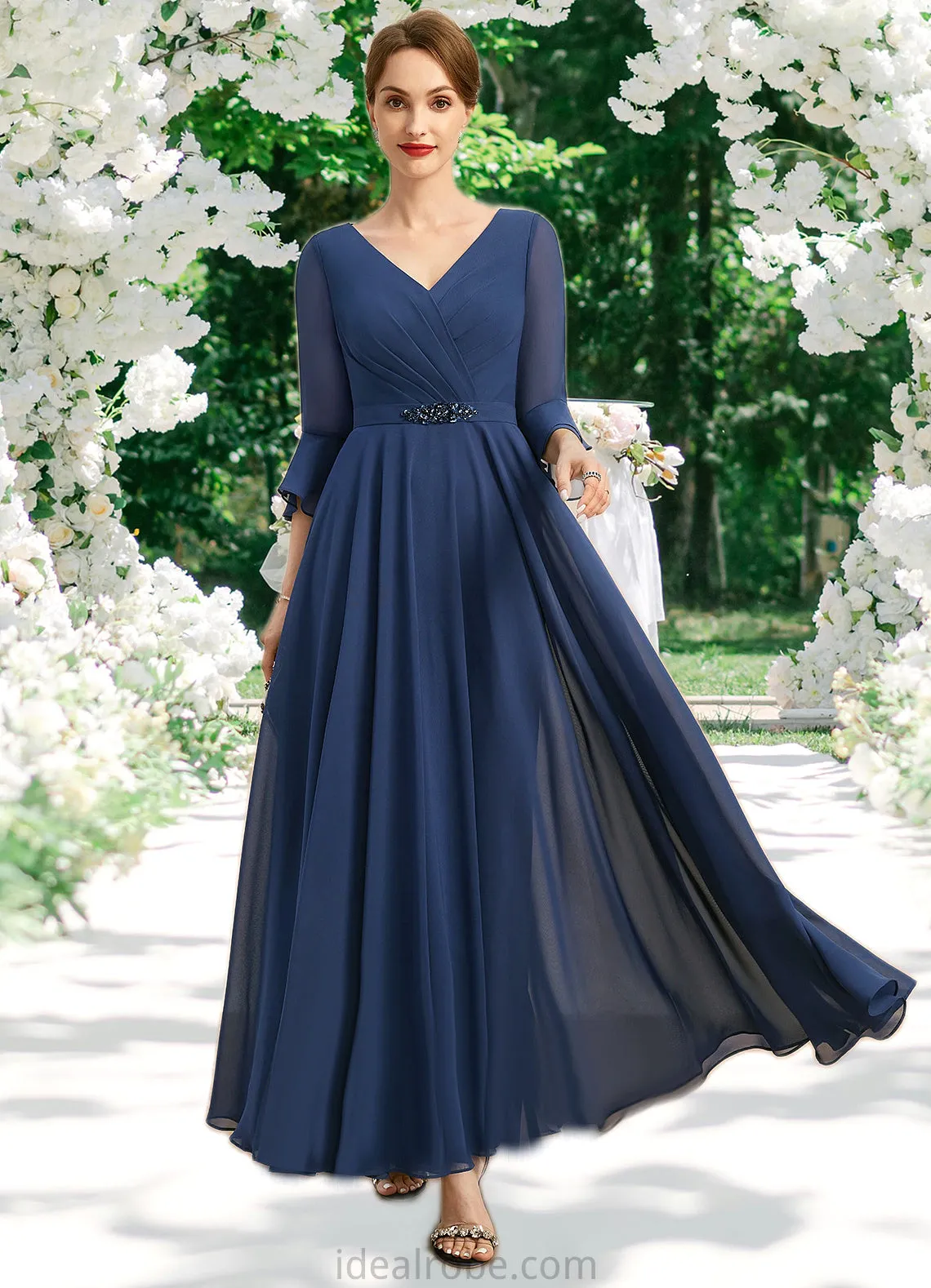 Kimberly A-line V-Neck Ankle-Length Chiffon Mother of the Bride Dress With Beading Pleated Sequins STKP0021745