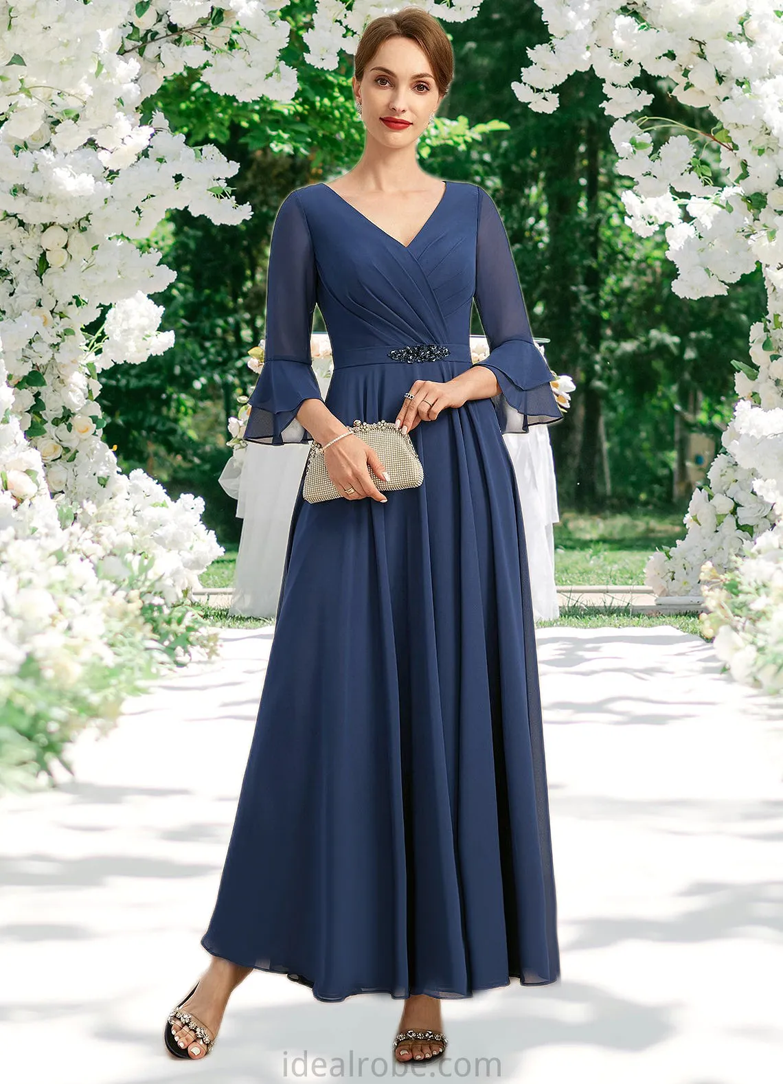 Kimberly A-line V-Neck Ankle-Length Chiffon Mother of the Bride Dress With Beading Pleated Sequins STKP0021745