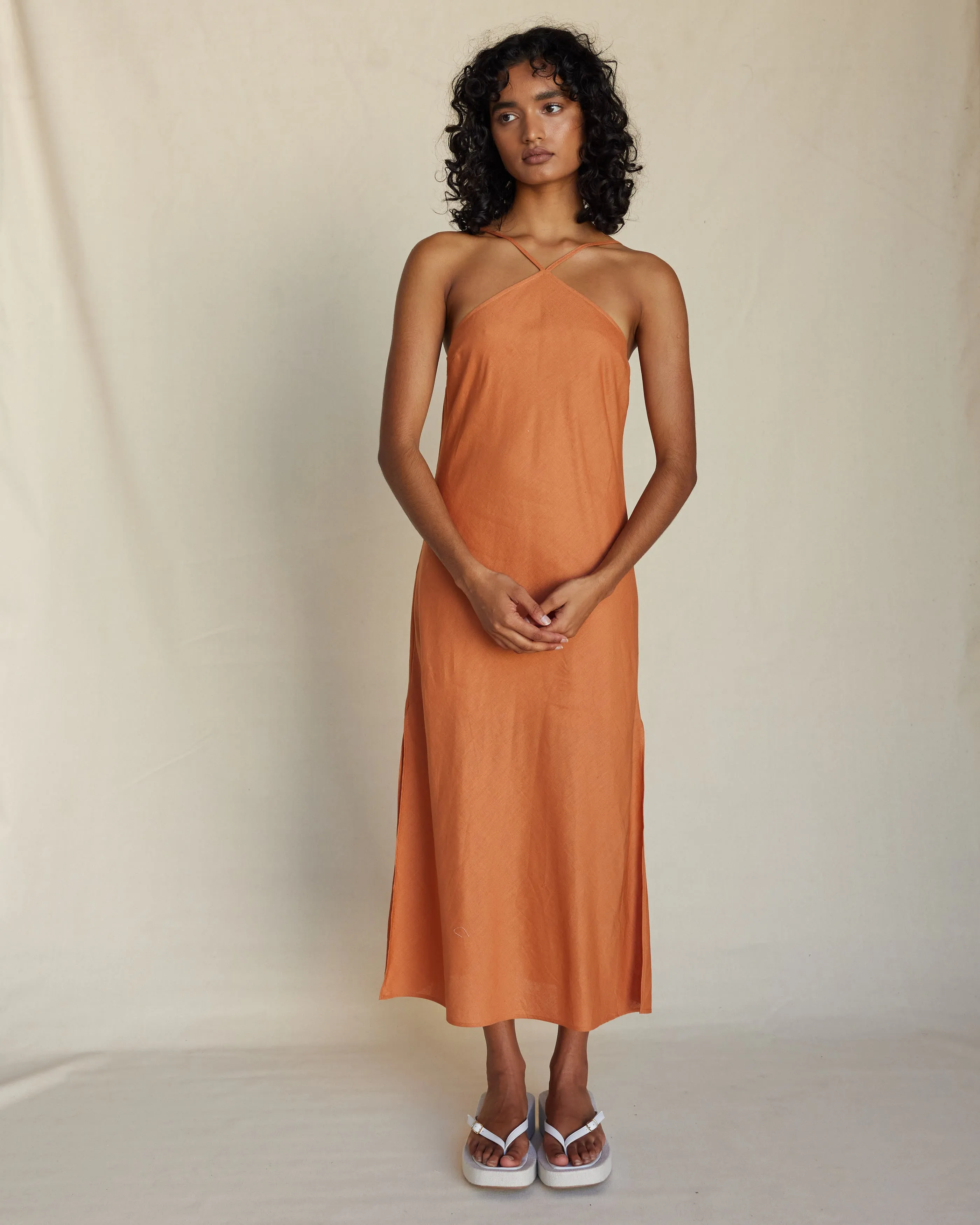 Krisha Linen Halter Midi Dress - Burnt Orange