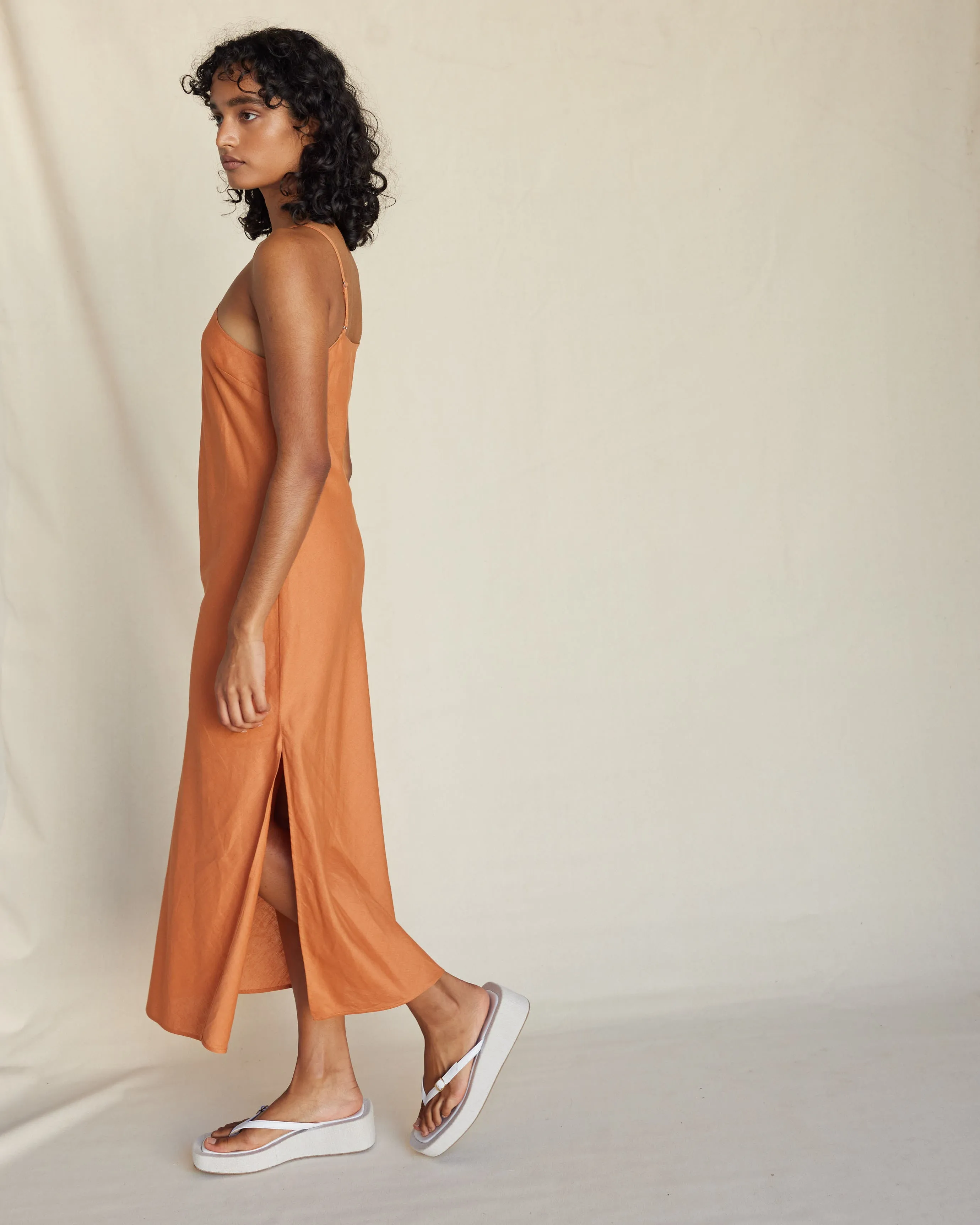 Krisha Linen Halter Midi Dress - Burnt Orange