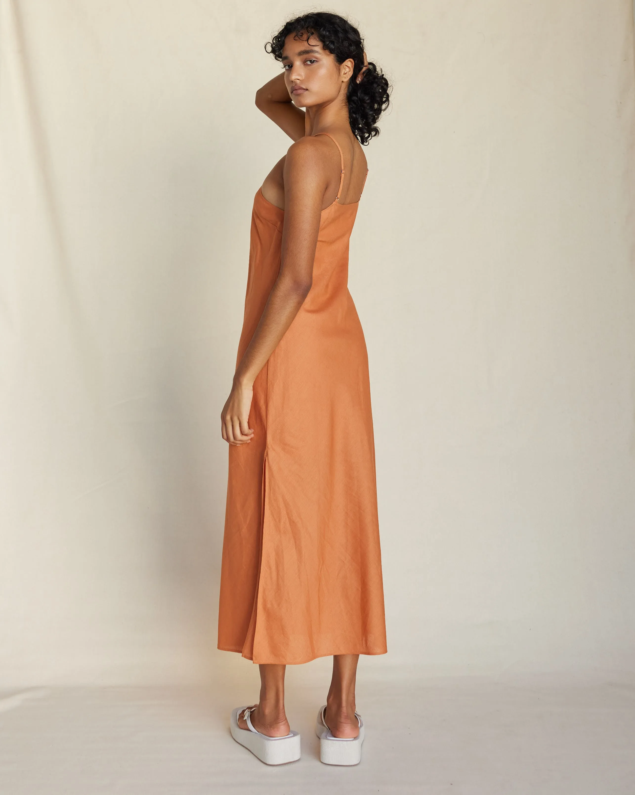 Krisha Linen Halter Midi Dress - Burnt Orange