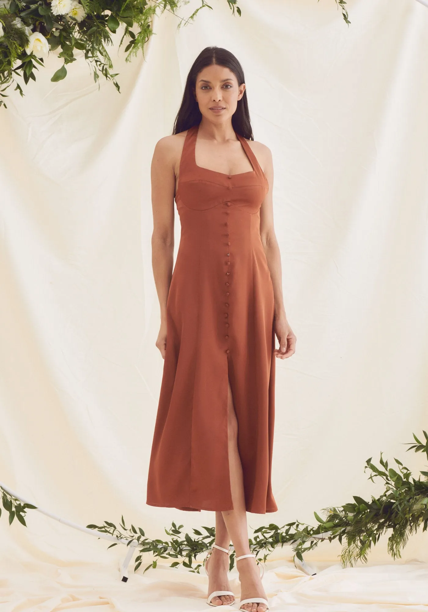 Leona Halter Tie Neck Satin Midi Dress - Rust