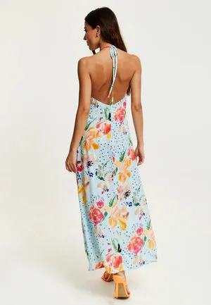 Liquorish Blue Floral Print Midi Asymmetrical Dress