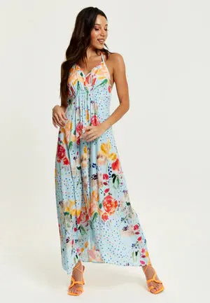 Liquorish Blue Floral Print Midi Asymmetrical Dress