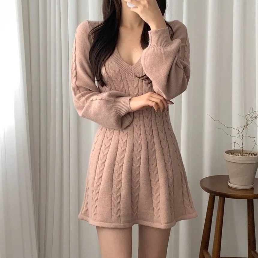 Long-Sleeve Cable-Knit Mini A-Line Sweater Dress ZR22