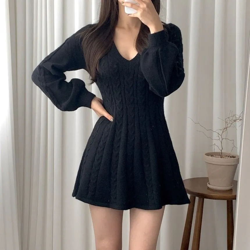 Long-Sleeve Cable-Knit Mini A-Line Sweater Dress ZR22