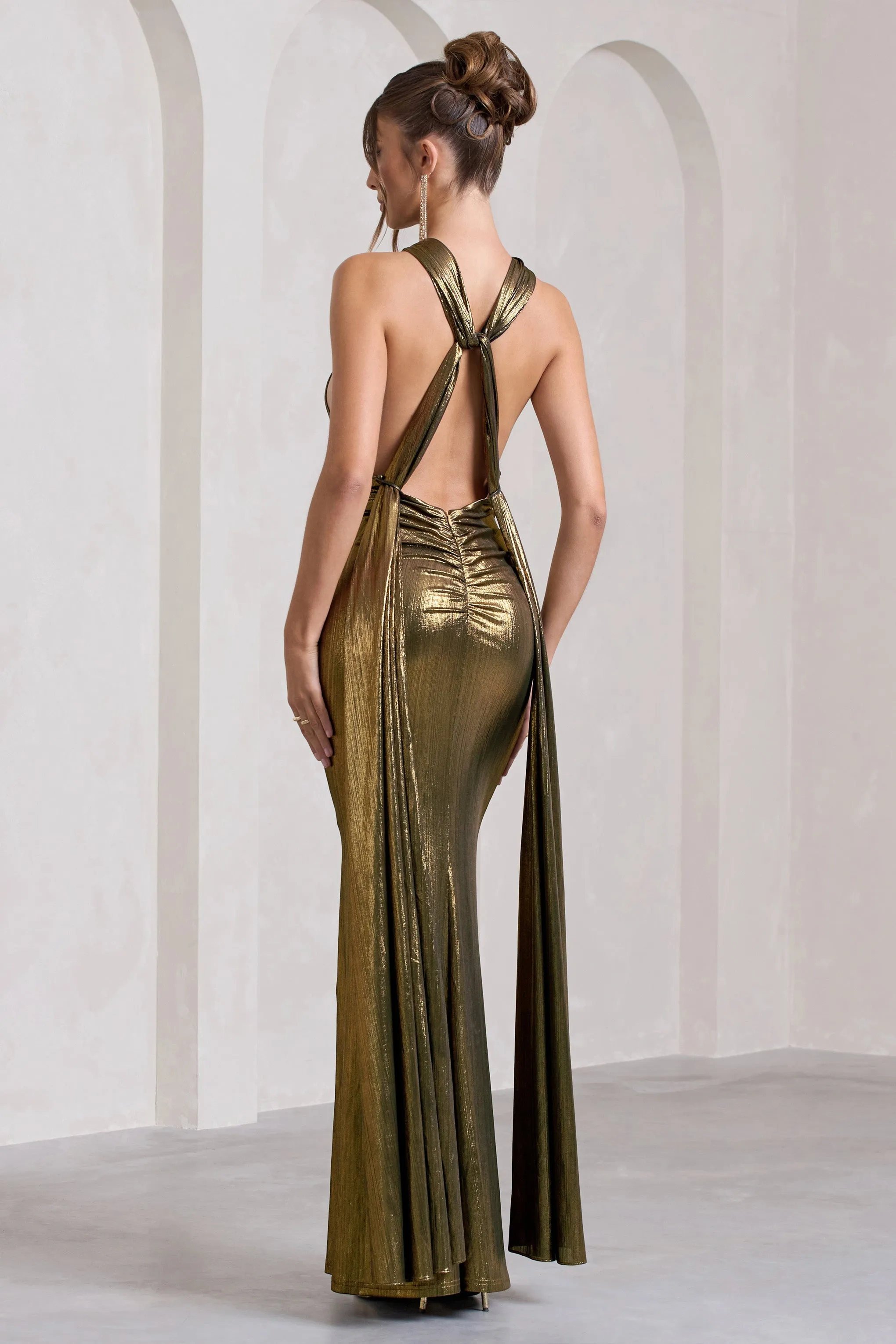 Lost | Gold Metallic Halter-Neck Cut-Out Split Maxi Dress With Drape