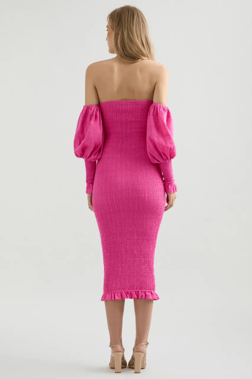 Lucia Shirred Midi Dress - Pink