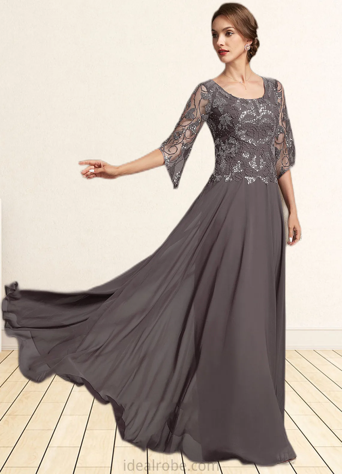 Madalyn A-Line Scoop Neck Floor-Length Chiffon Lace Mother of the Bride Dress With Beading Sequins STK126P0015036