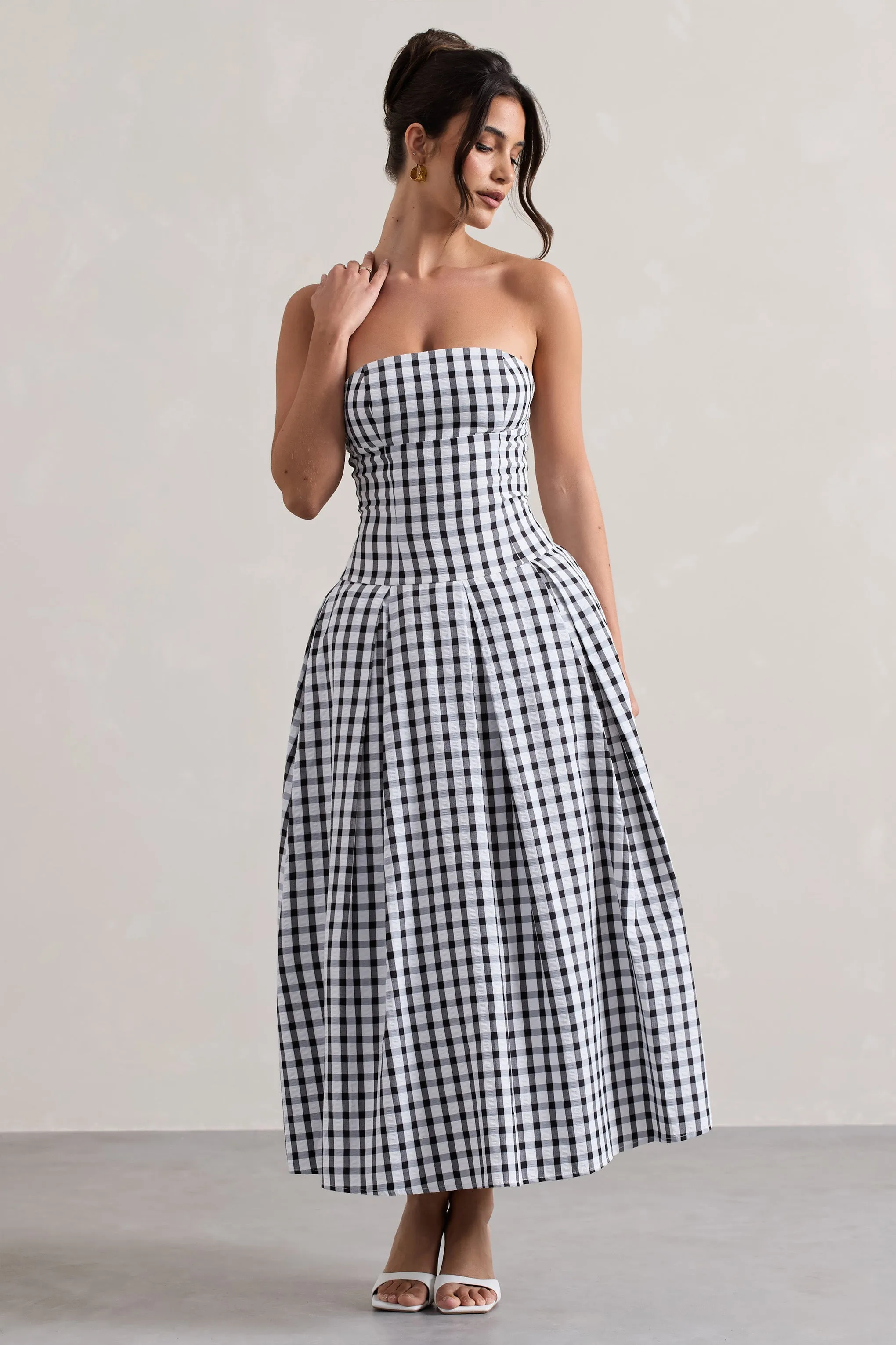 Maisy | Black & White Gingham Strapless Maxi Dress