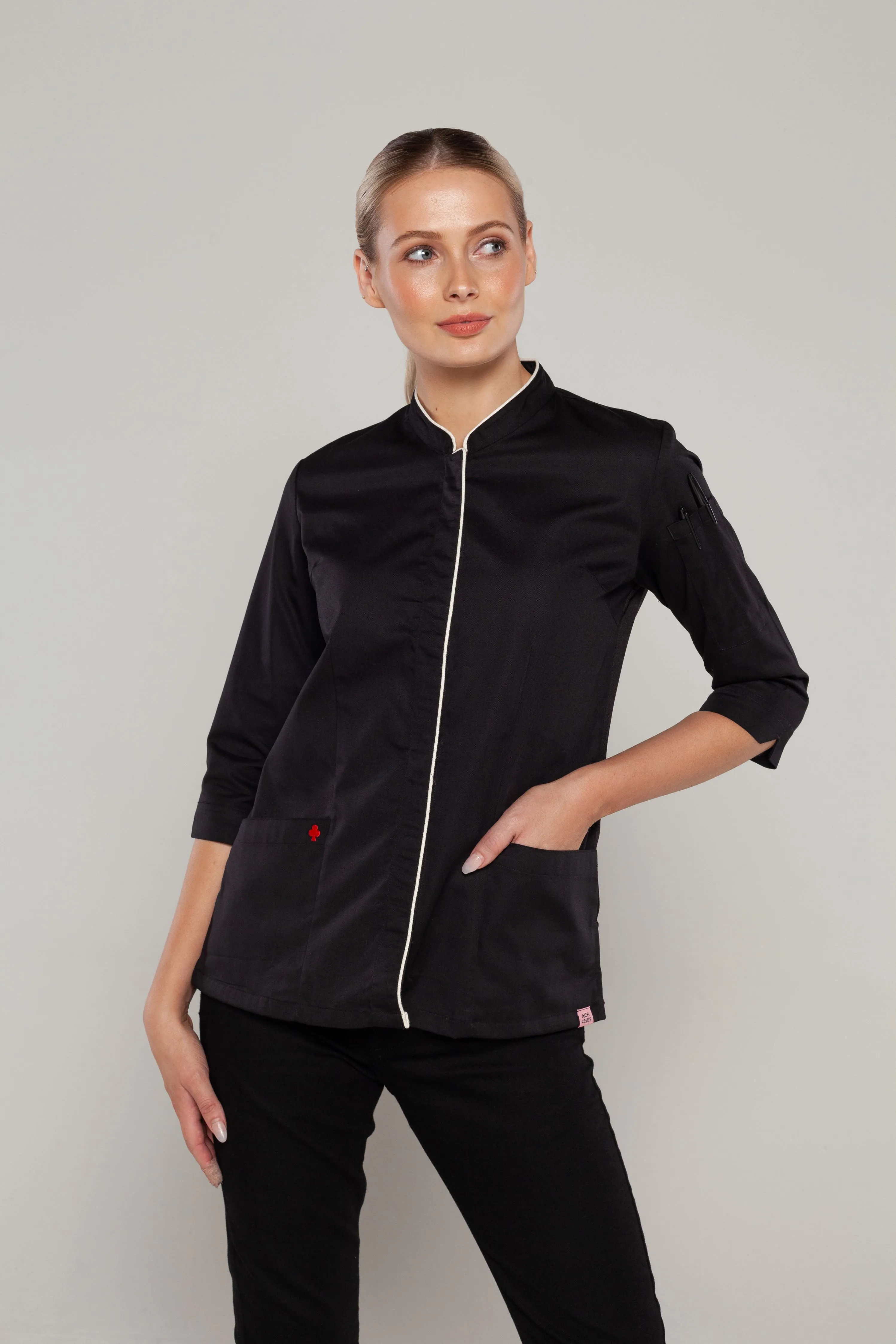 Mel 3/4 sleeves Black women's chef jacket