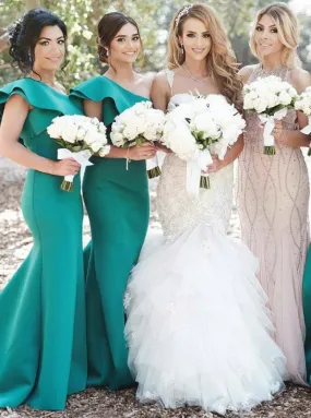 Mermaid One Shoulder Green Satin Long Bridesmaid Dress