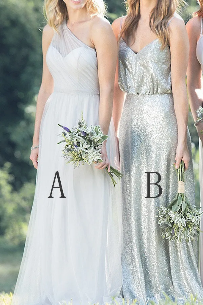 Mismatched Chiffon Sequin A Line Spaghetti Straps One Shoulder Cheap Bridesmaid Dresses