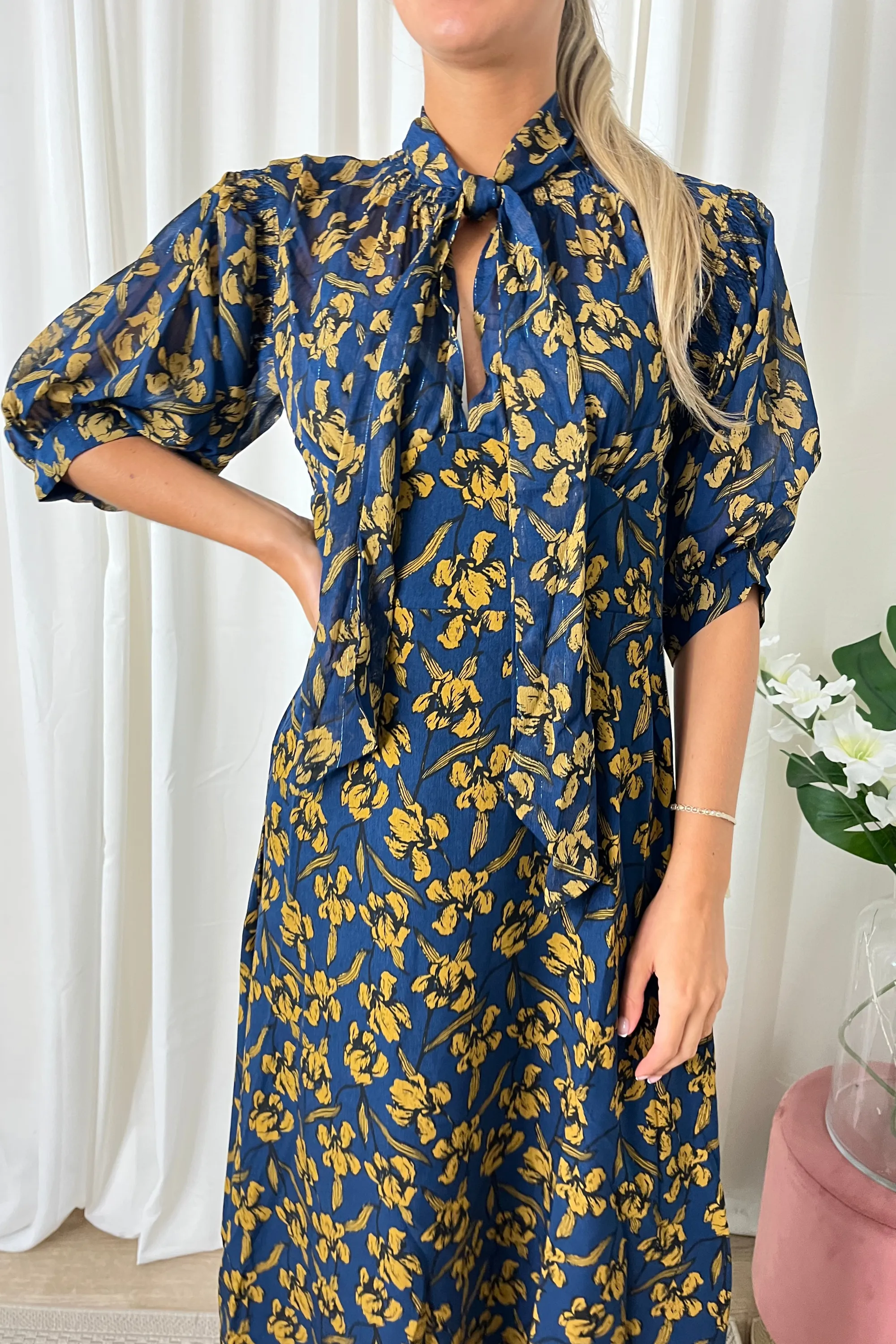 Navy Tie Floral Midi Dress