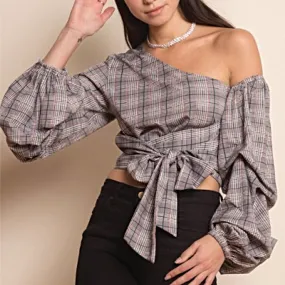 One shoulder Plaid Wrap Top