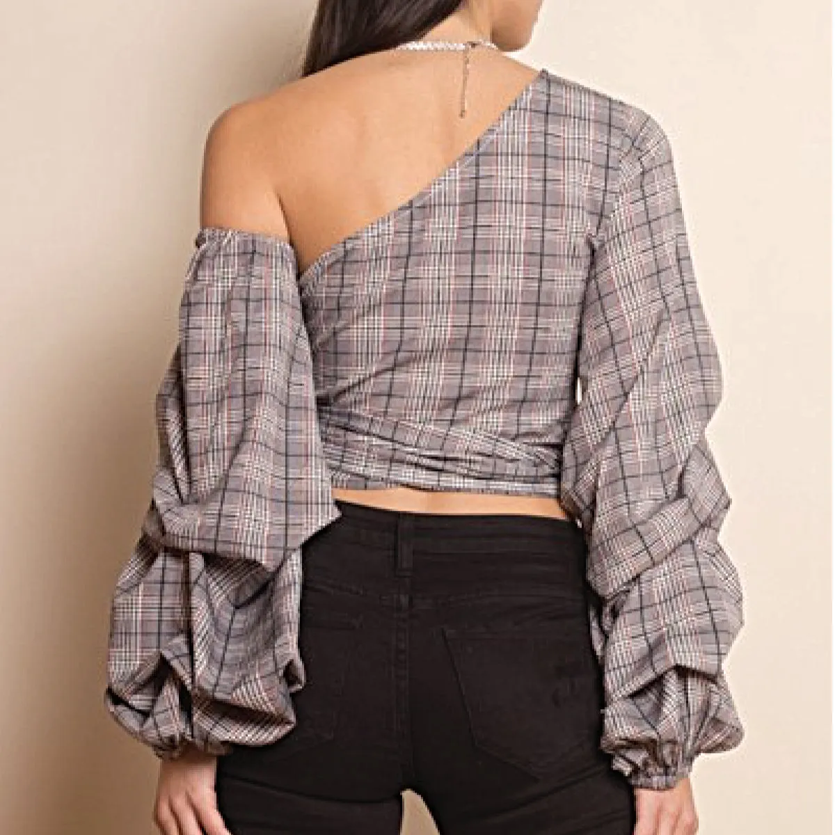 One shoulder Plaid Wrap Top