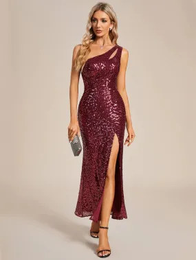 One Shoulder Tea Length Split Sequin Evening Dresses