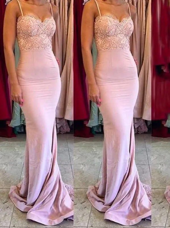 Pink Gorgeous Spaghetti Straps Mermaid Lace Backless Long Bridesmaid Dress