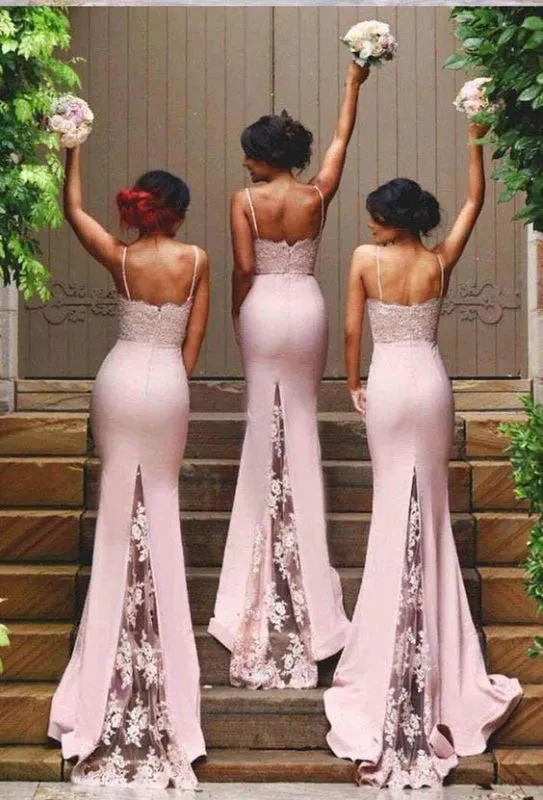 Pink Gorgeous Spaghetti Straps Mermaid Lace Backless Long Bridesmaid Dress