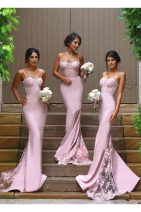 Pink Gorgeous Spaghetti Straps Mermaid Lace Backless Long Bridesmaid Dress