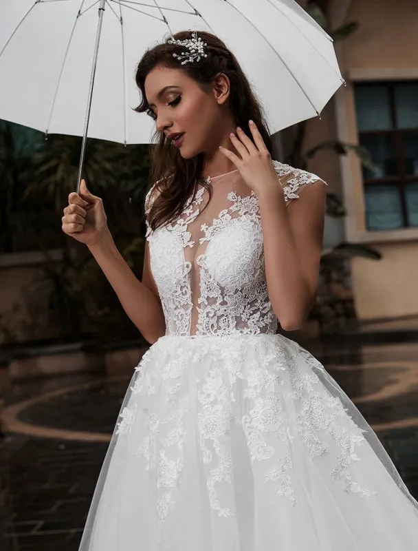 Pricess Wedding Dress Lace Bodice Tulle Satin Fabric Sweep Train Applique Wedding Gown Exclusive