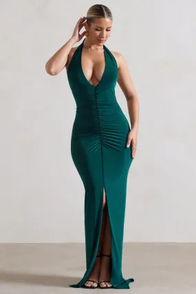 Rachel | Bottle Green Ruched Halter-Neck Split Maxi Dress