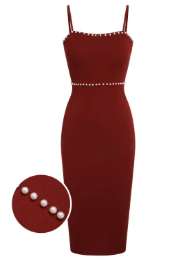 Red 1960s Solid Pearl Knitted Sling Dress