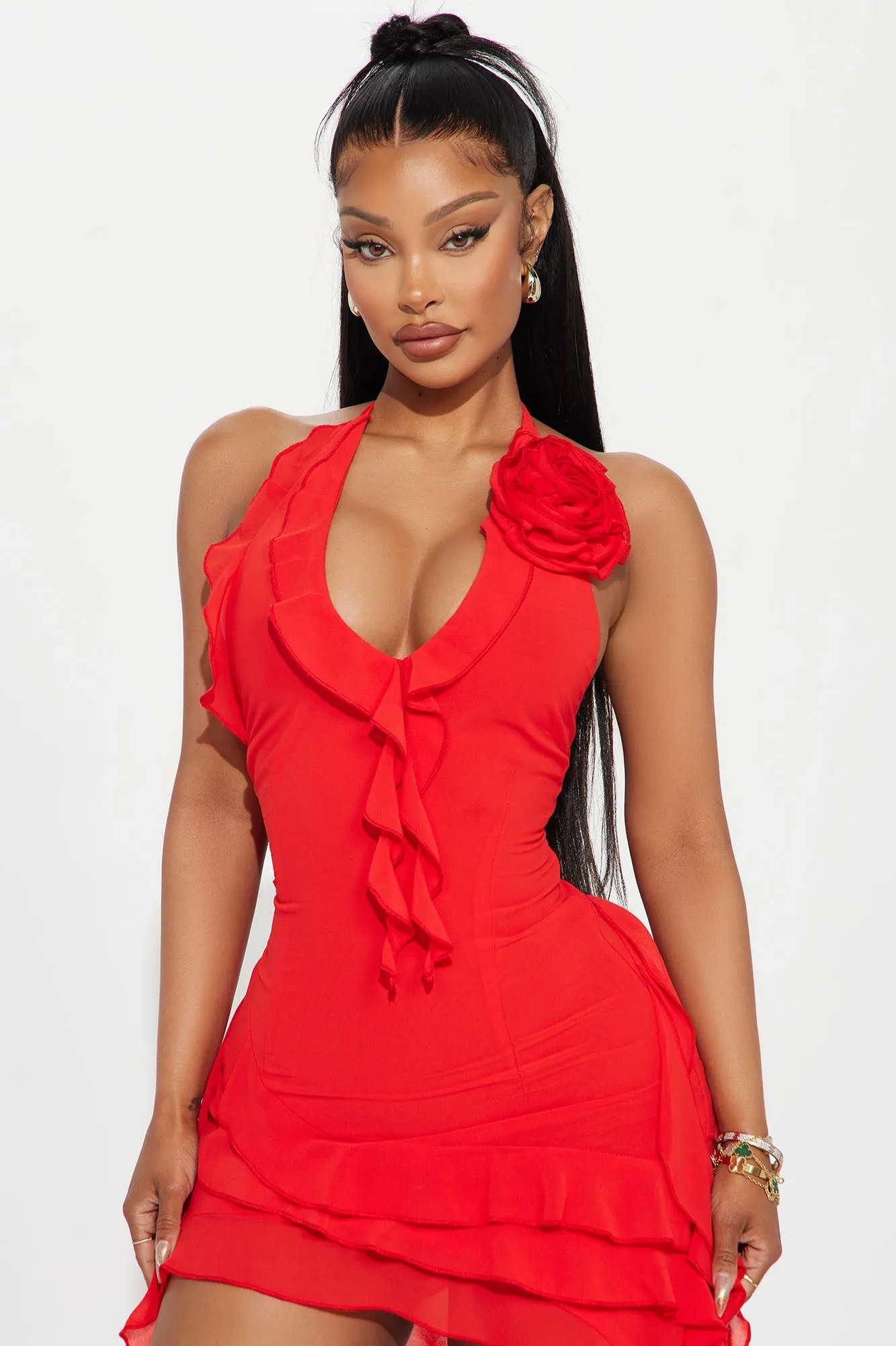 Ruffles and Roses Midi Dress - Red