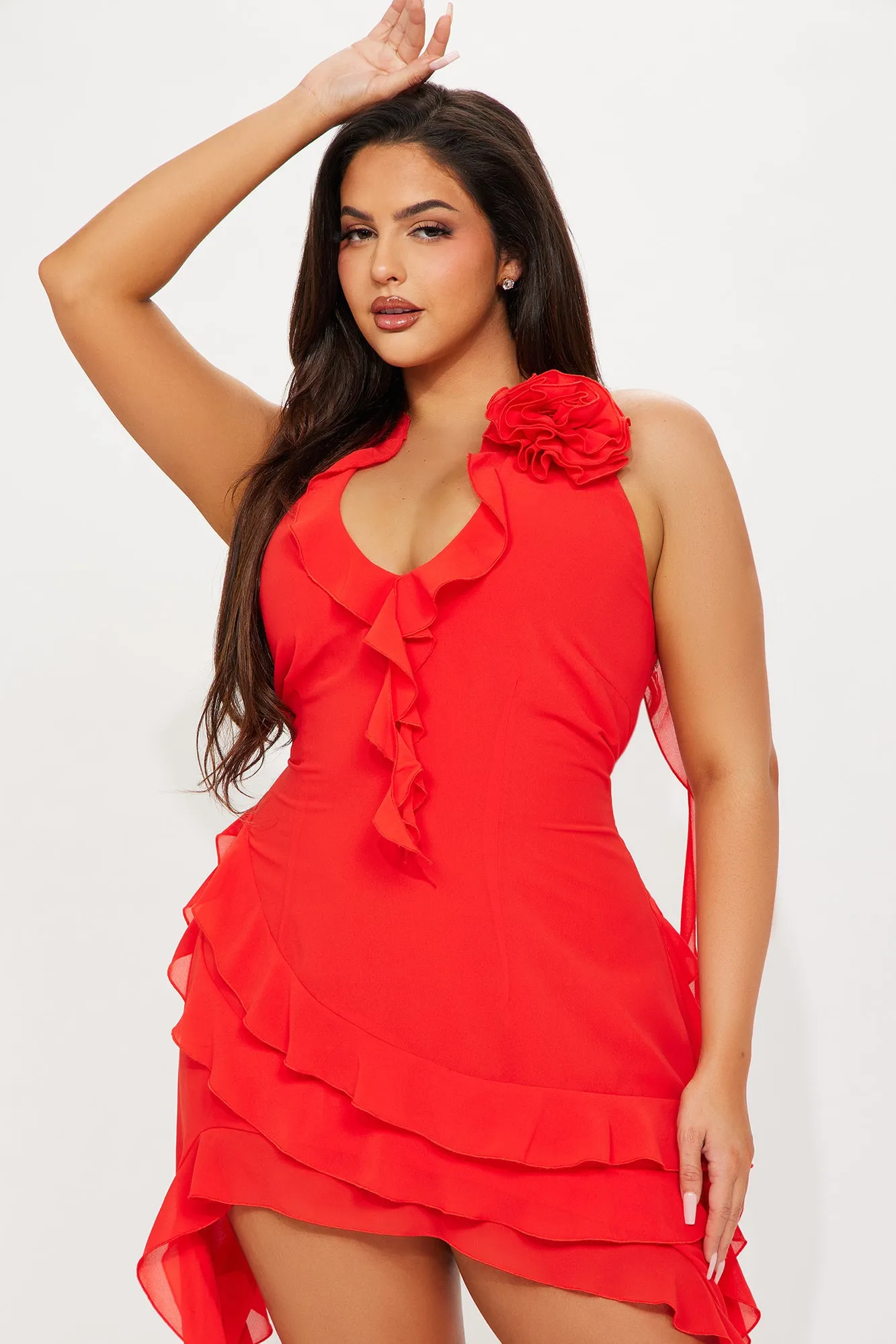 Ruffles and Roses Midi Dress - Red