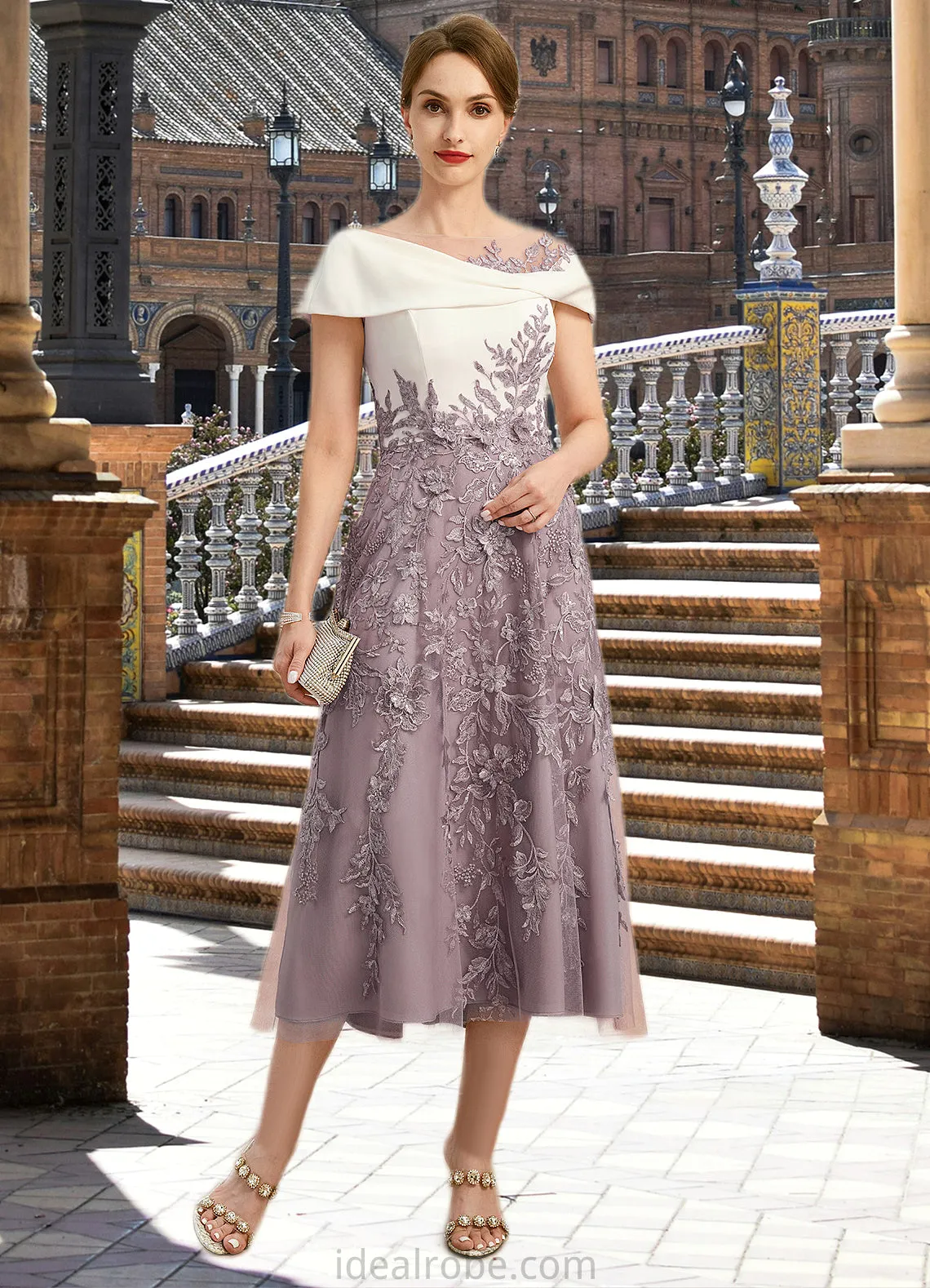 Ruth A-line Scoop Tea-Length Chiffon Lace Mother of the Bride Dress With Sequins STKP0021773