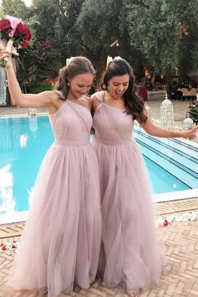 Savanah A-Line/Princess Natural Waist Sleeveless One Shoulder Floor Length Tulle Bridesmaid Dresses