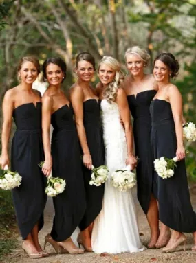 Sheath Strapless Ankle Length Black Elastic Satin Bridesmaid Dress