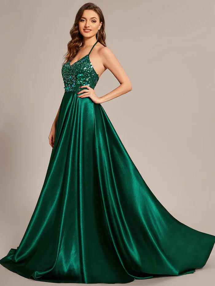 Sleeveless Fit V-Neck A-Line Backless Satin Shiny Custom Evening Dress