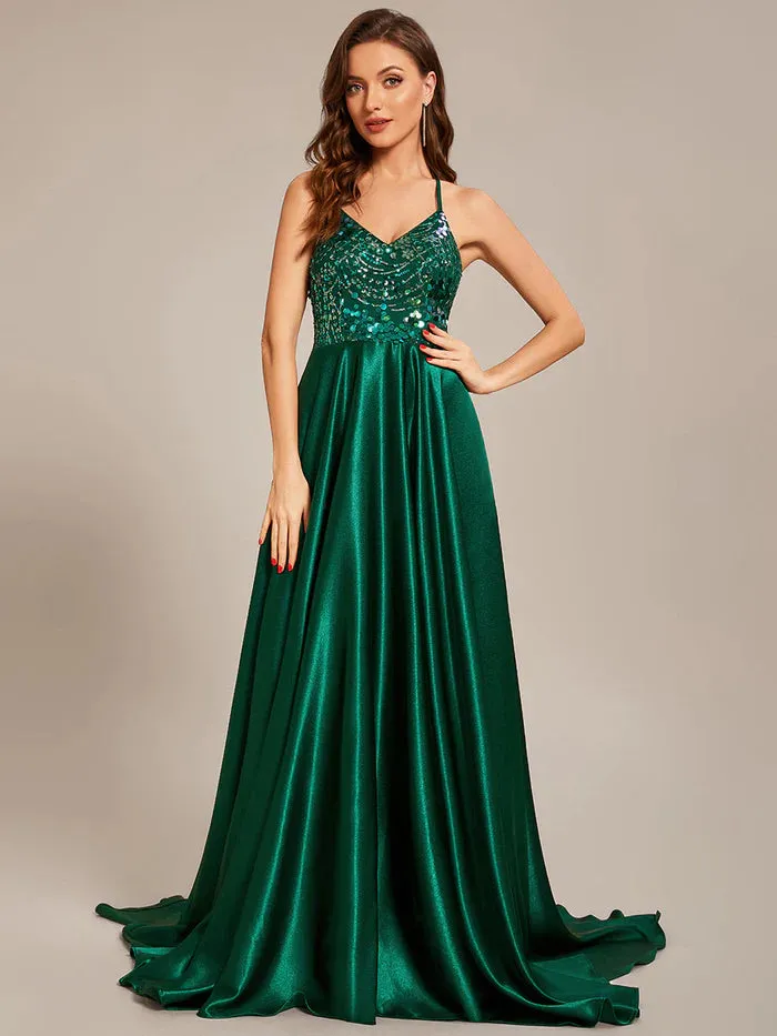 Sleeveless Fit V-Neck A-Line Backless Satin Shiny Custom Evening Dress