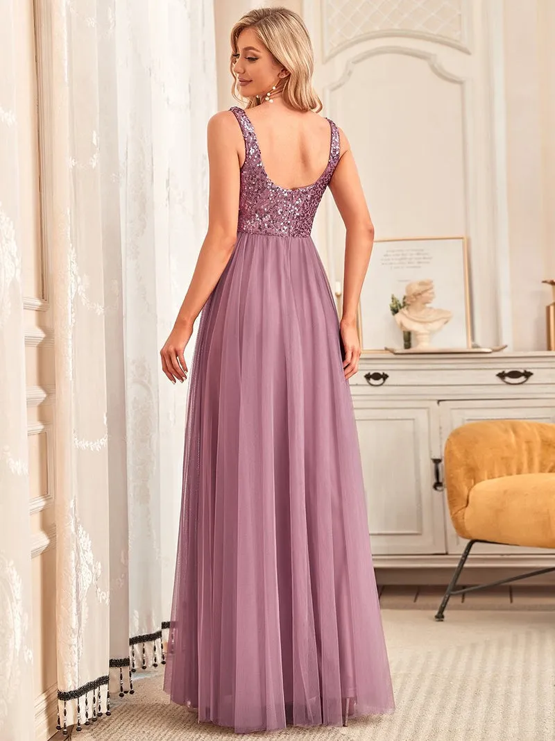 Sleeveless Sequin and Tulle Long Gown Size 10 Style 80090