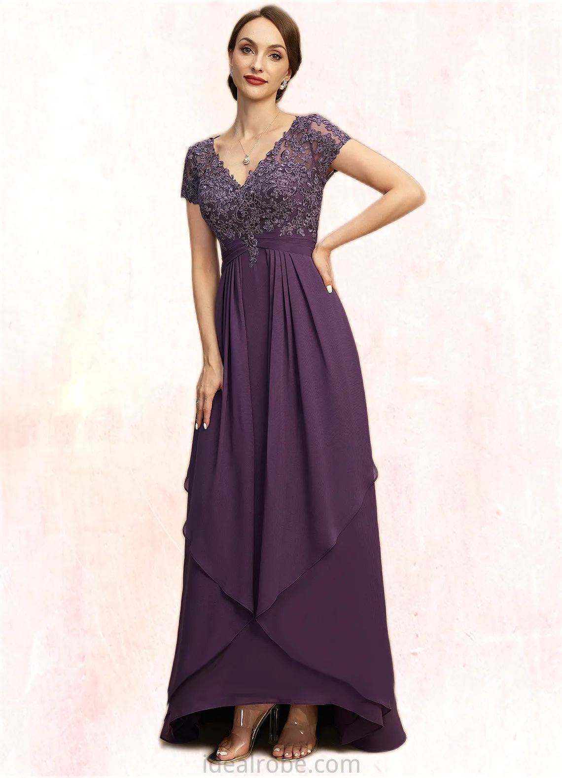 Sofia A-line V-Neck Asymmetrical Chiffon Lace Mother of the Bride Dress With Cascading Ruffles STKP0021899