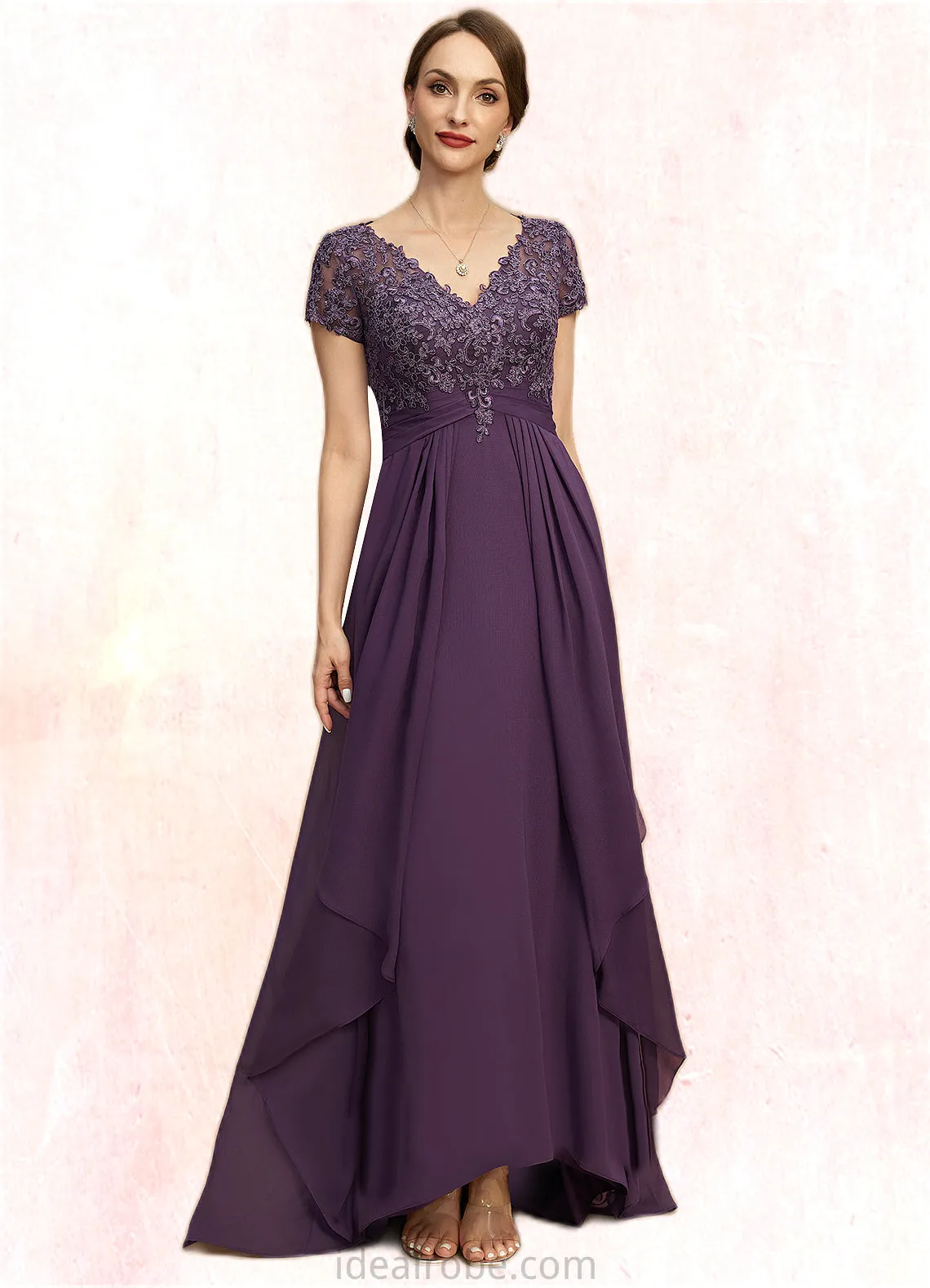 Sofia A-line V-Neck Asymmetrical Chiffon Lace Mother of the Bride Dress With Cascading Ruffles STKP0021899