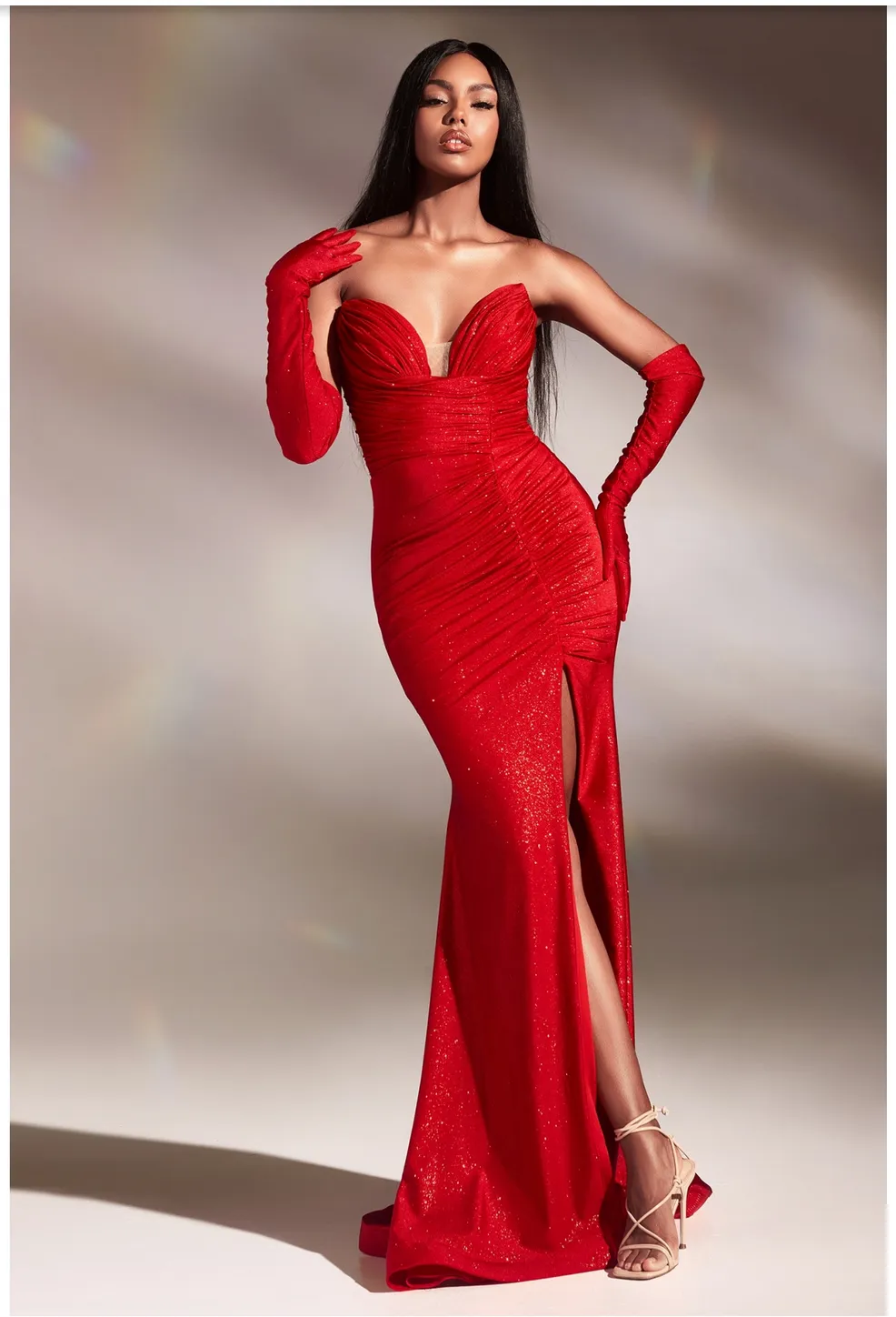 STRAPLESS GLITTER STRETCH GOWN WITH GLOVES