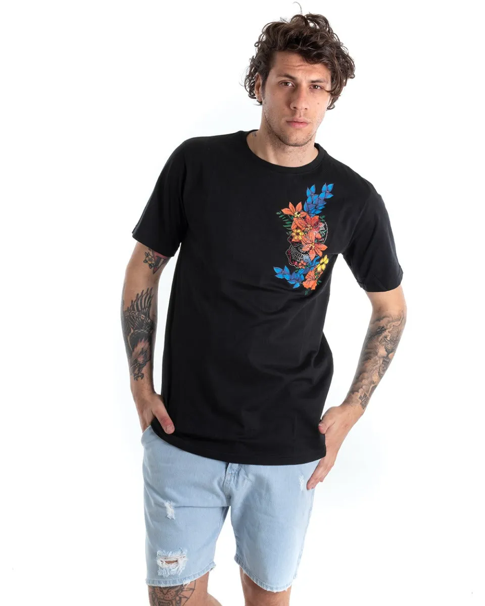 T-shirt Uomo Manica Corta Tinta Unita Nera Ricamo Fiori Girocollo GIOSAL